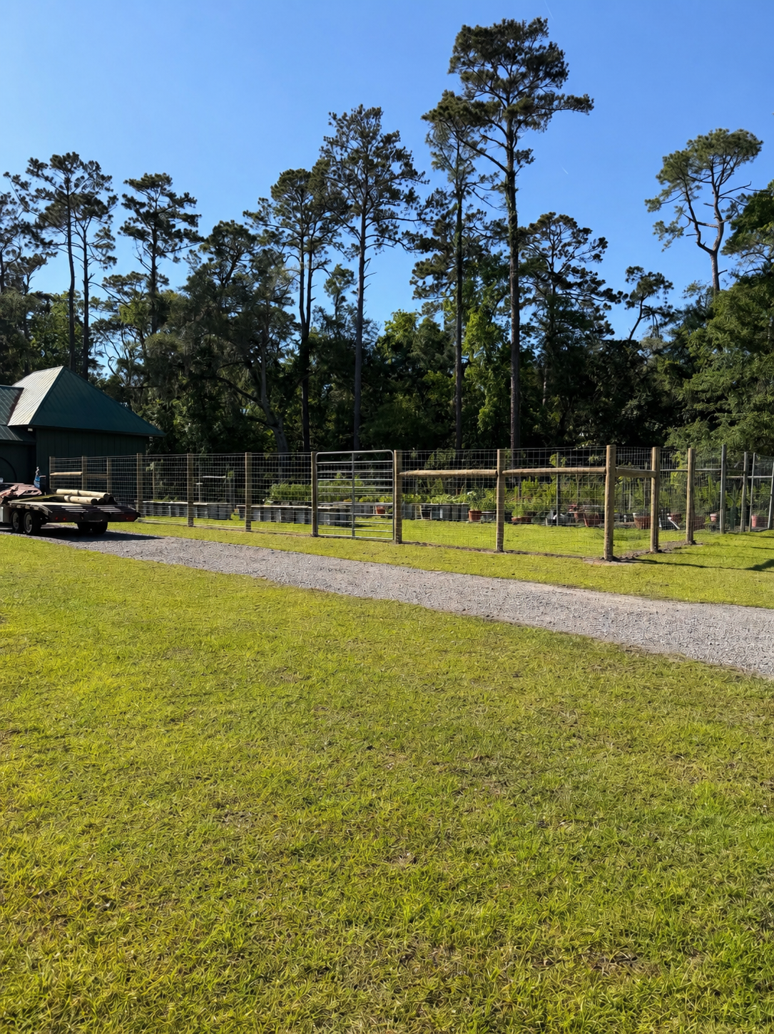 Wood-post wire fence with a wide metal gate enclosing a garden area beside a gravel drive